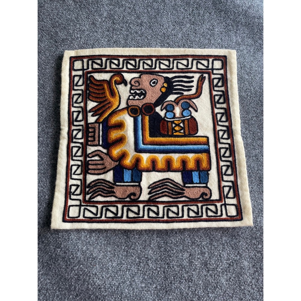Peruvian Hand Embroidered Wool Pillow Cover Incan Mythological Folk Art 15x15